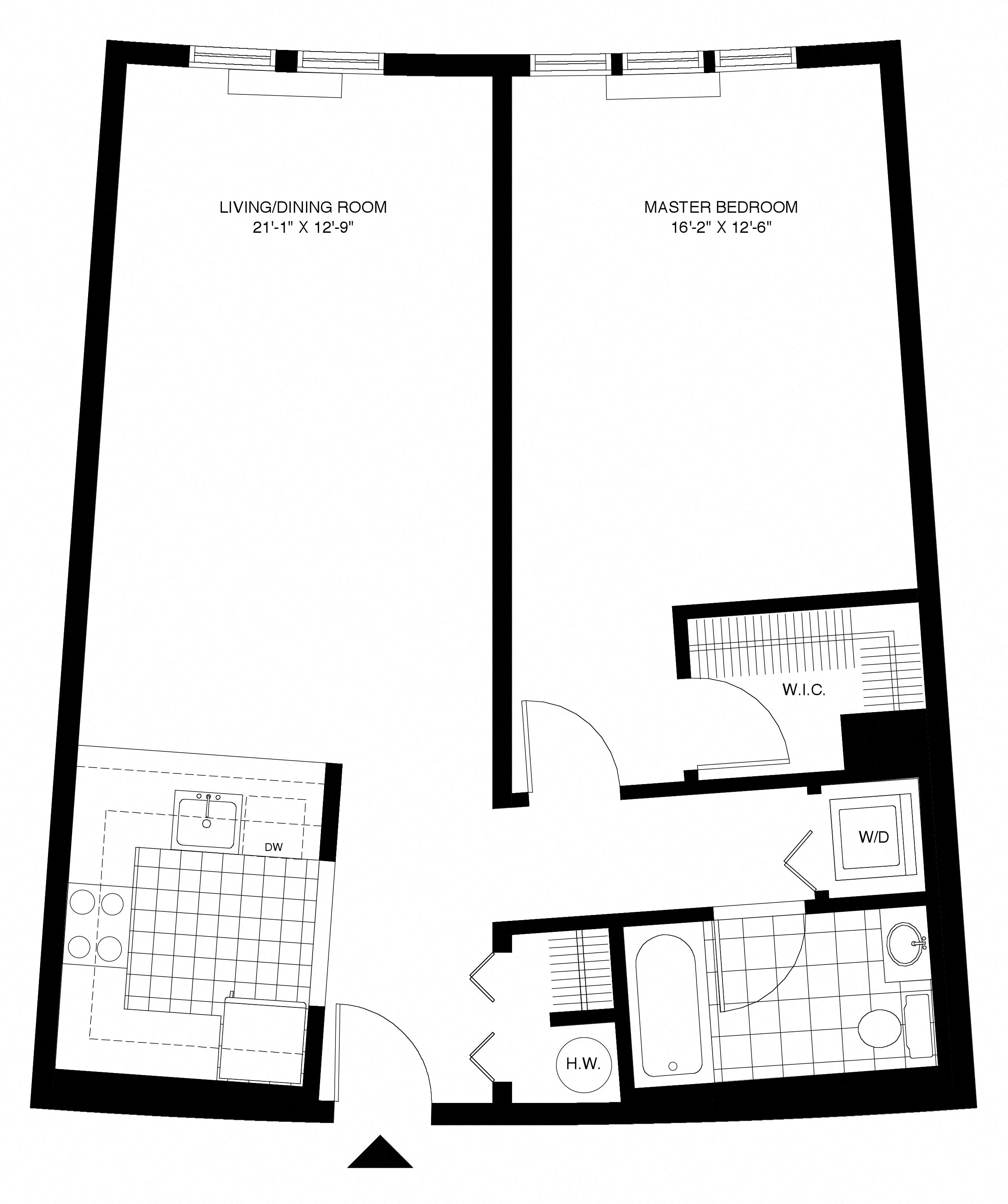 Floor plan for 1 bed, 1 bath, 942 sqft